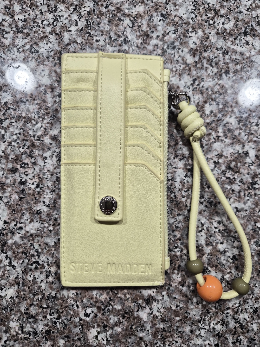 Steve Madden Pale Yellow Leather Card Holder with Beaded Wristlet